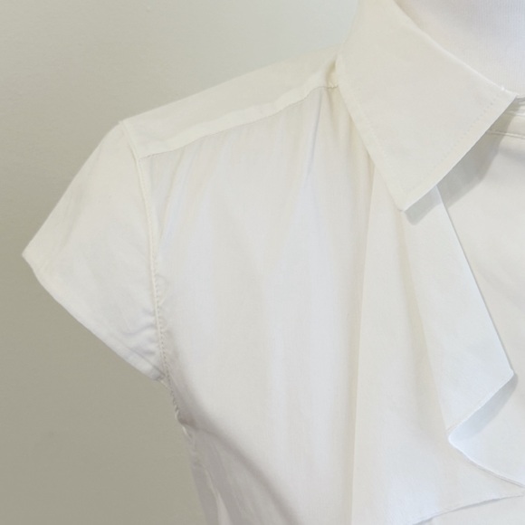 MAXMARA WHITE JABOT FRILL RUFFLE BUTTON UP COLLARED SHORT SLEEVE BLOUSE TOP - Picture 5 of 8
